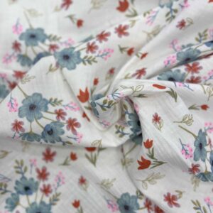 Tissu Double Gaze de coton fleurs blanc