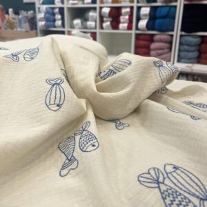 Tissu Double Gaze poissons brodés