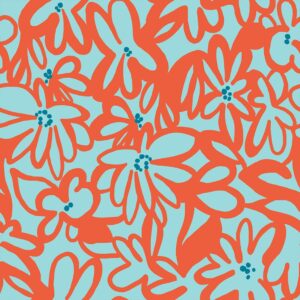 Tissu Popeline Coton Fleurs Orange et Turquoise