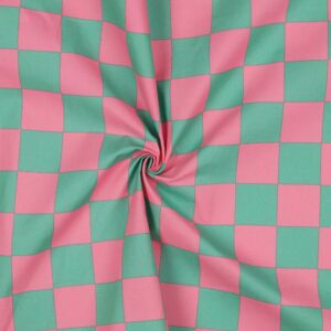 Tissu Coton enduit damier rose et vert