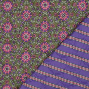 Tissu matelassé fleurs et rayures violet