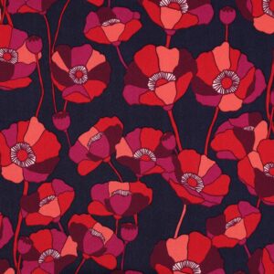 Tissu coton viscose bleu fleurs roses