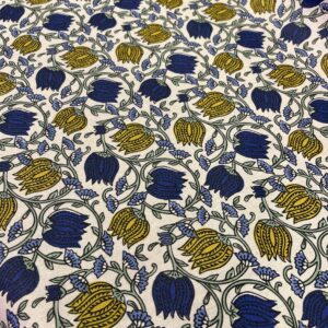 Tissu Coton enduit Indienne ivoire et bleu