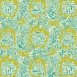 Tissu coton Toile de Jouy bleu et vert