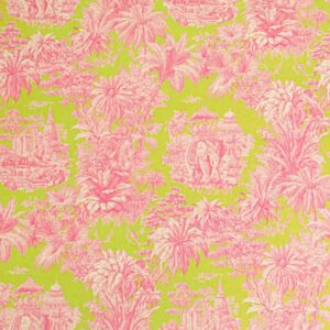 Tissu coton Toile de Jouy rose et vert