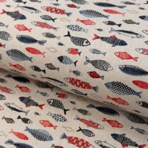 Tissu Coton poissons rouge et bleu