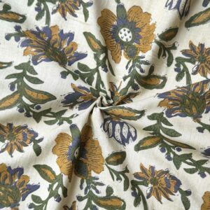 Tissu Coton indienne écru vert et ocre