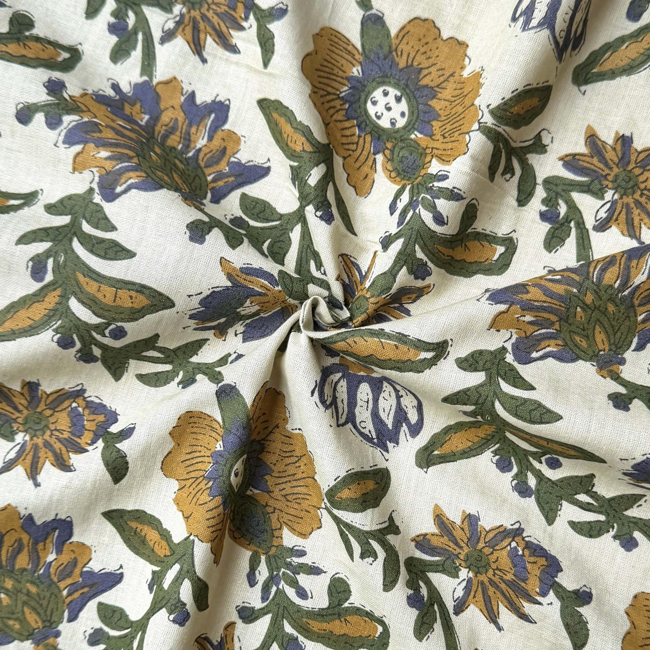 Tissu Coton indienne écru vert et ocre