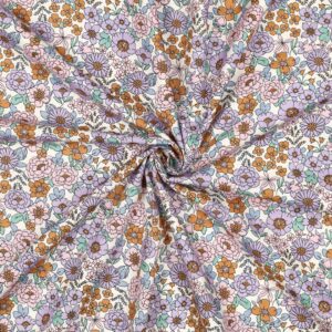 Tissu popeline de coton fleurs Mauve