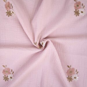 Tissu double gaze brodé rose