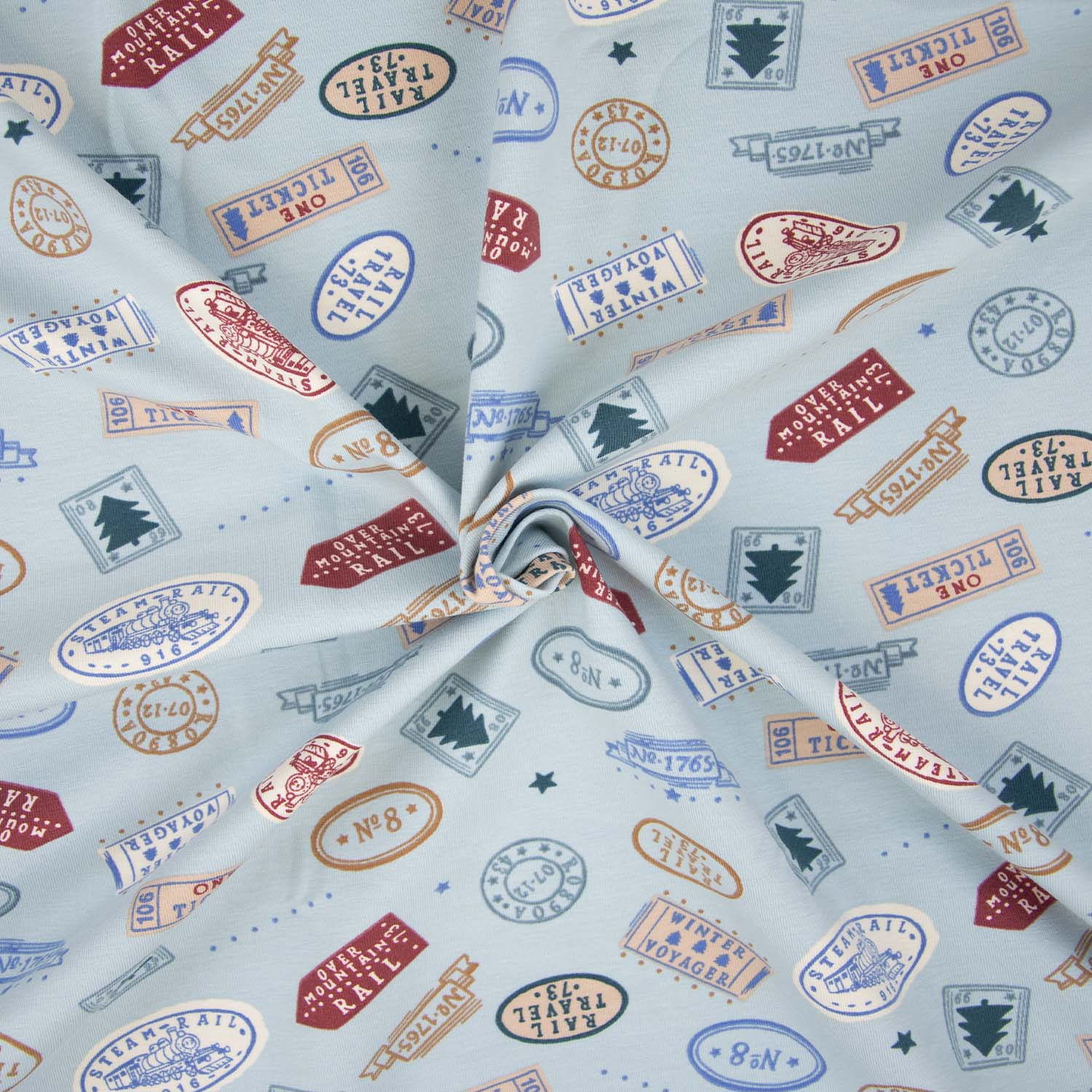 Tela de punto jersey Train Stamps 128 01 Tissu Jersey tampons voyage